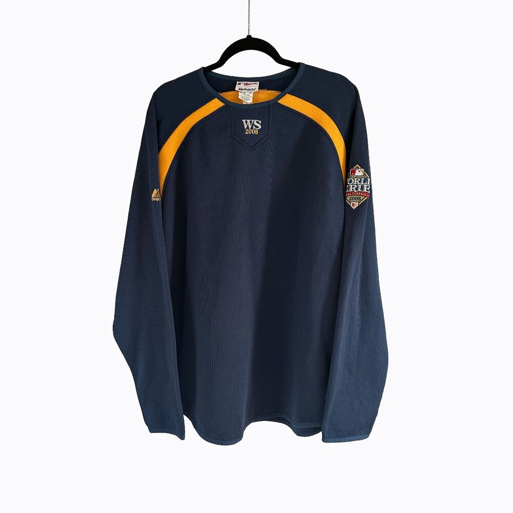 Majestic Milwaukee Brewers 2008 World Series Pullover Sz XL MLB Therma Base Navy